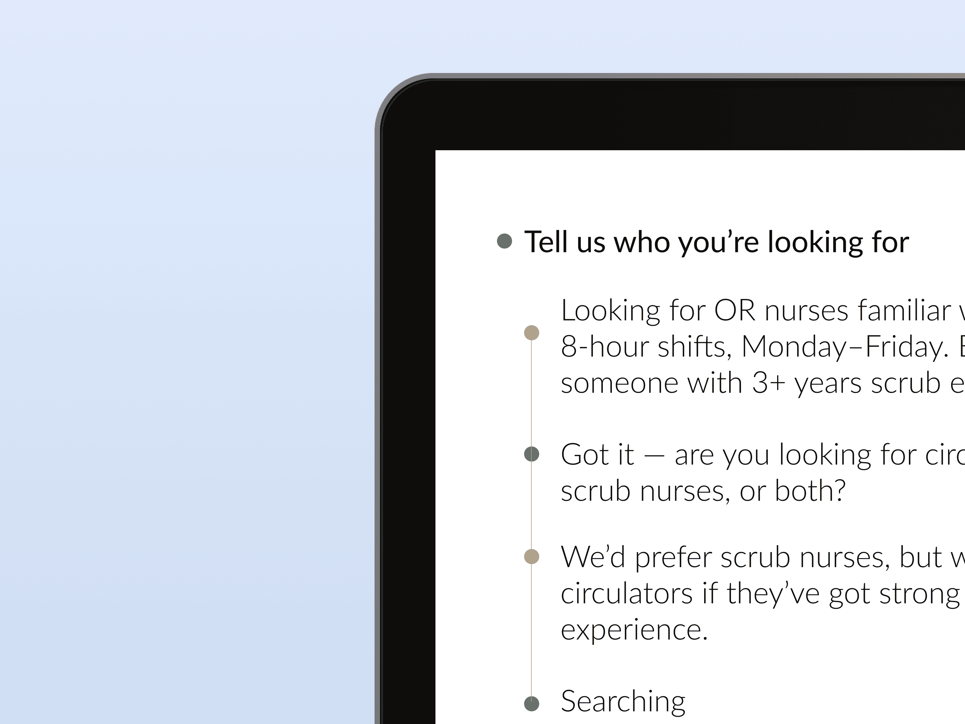 A mockup of the Matcha Health platform showing a chat-like interface for defining hiring needs on a light blue background.