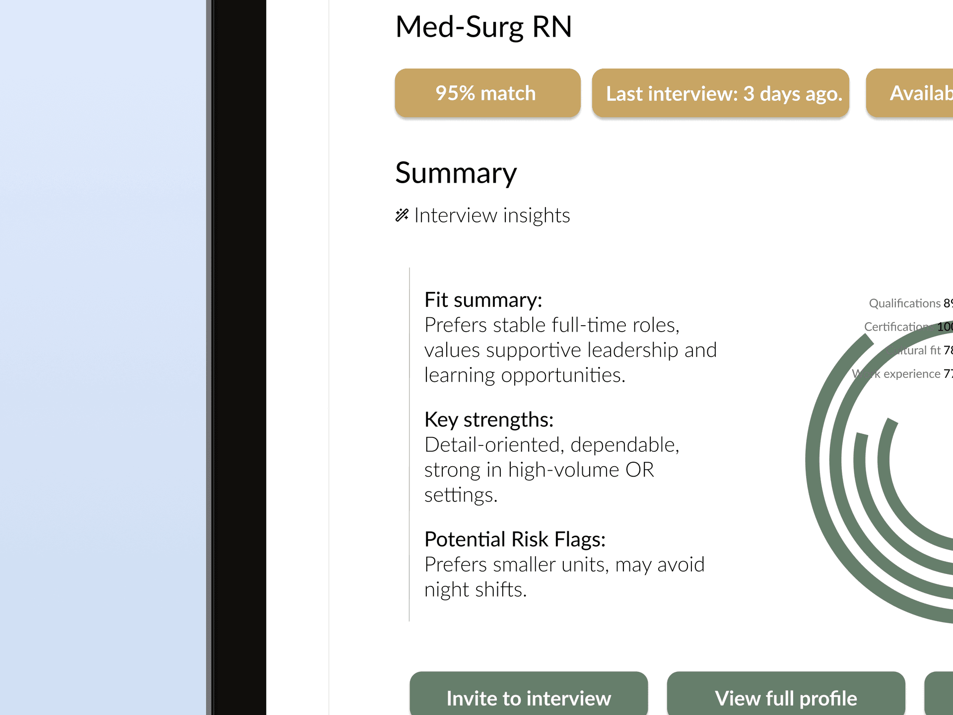 A mockup of the Matcha Health platform showing a candidate's profile summary, highlighting key strengths and potential risk flags to streamline the hiring process.
