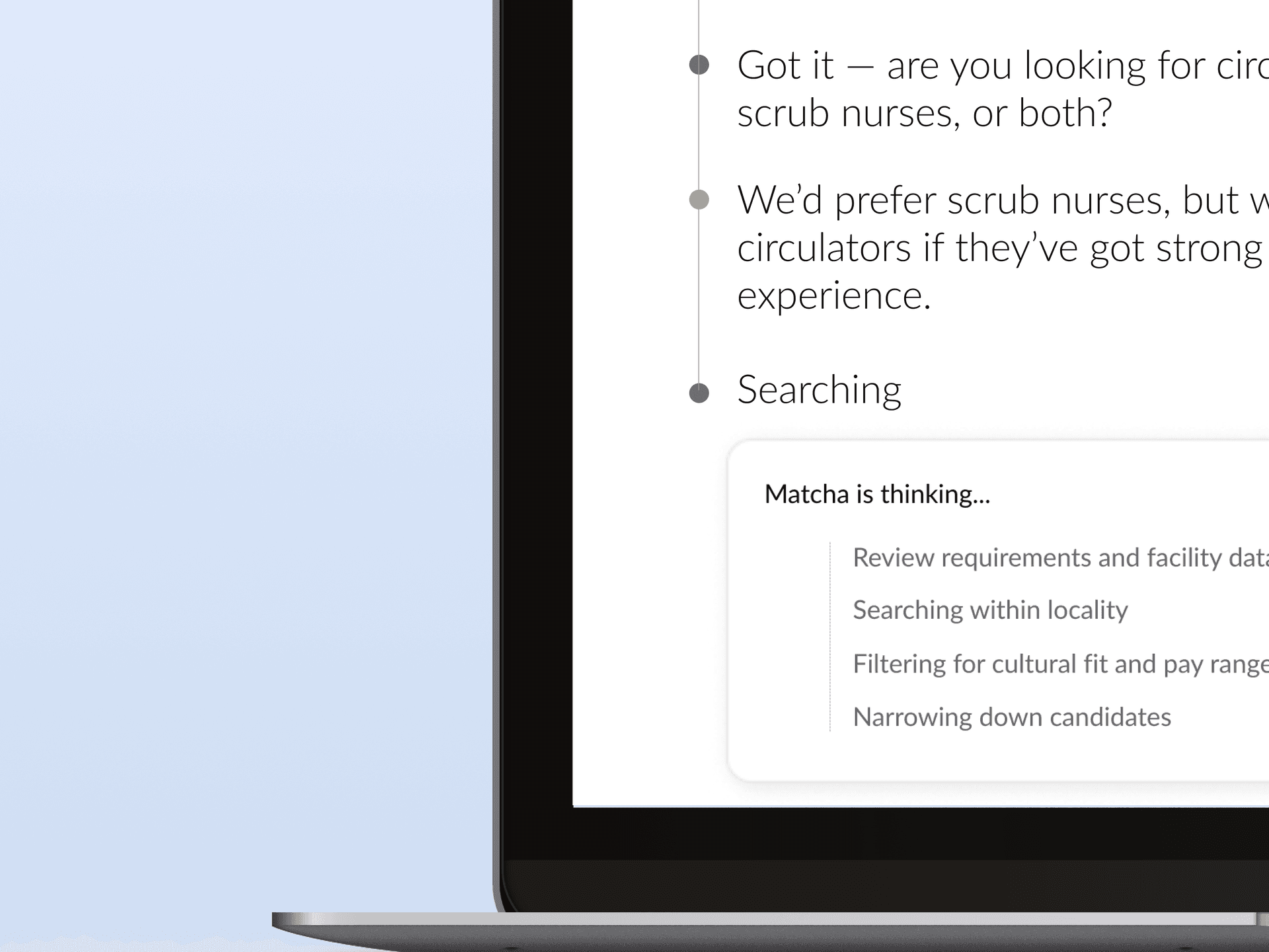 Matcha Health platform mockup showing talent matching process